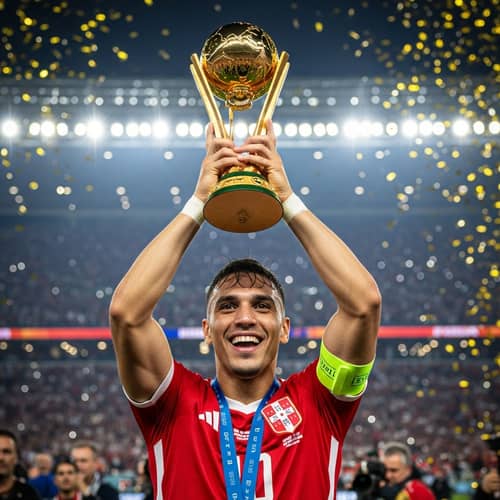 World Championship Soccer Player Celebrates Victory with Trophy