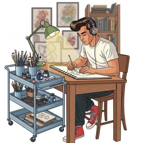 1950s Hispanic Male Artist Sketching with Music