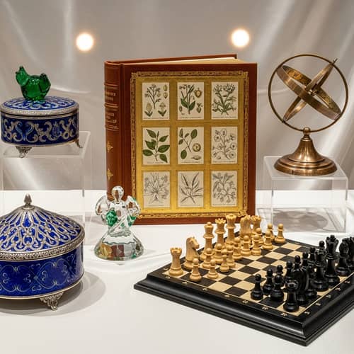 Unique Gifts Display - Vintage Music Box, Crystal Figurine, African Chess Set