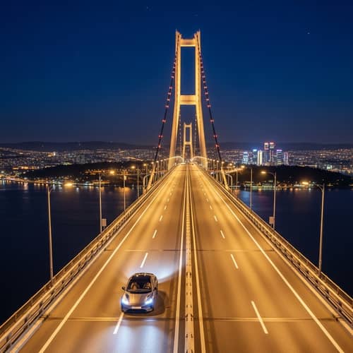 Prestigious Electric Car Night Drive on Sea Bridge Prestigious Electric Car Night Drive on Sea Bridge