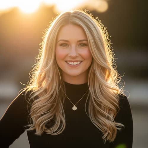 Radiant Blonde Woman with Sparkling Eyes and Affable Demeanor