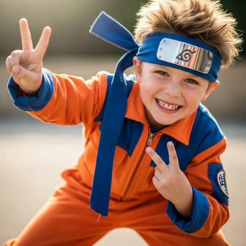 Energetic Boy in Bright Jumpsuit | Characteristic Hand Sign