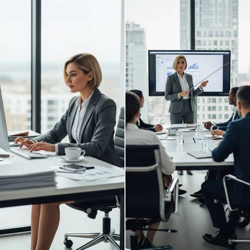 Professional Businesswoman in Office Setting | Working & Presenting