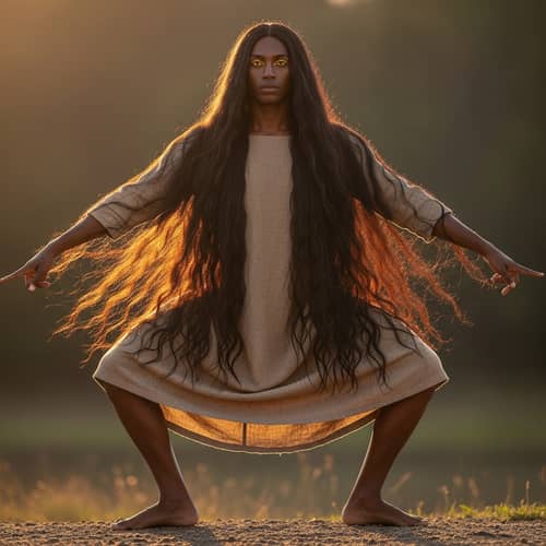 Unique Figure with Feet Pointing Opposite, Long Hair, Brown Skin & Yellow Eyes