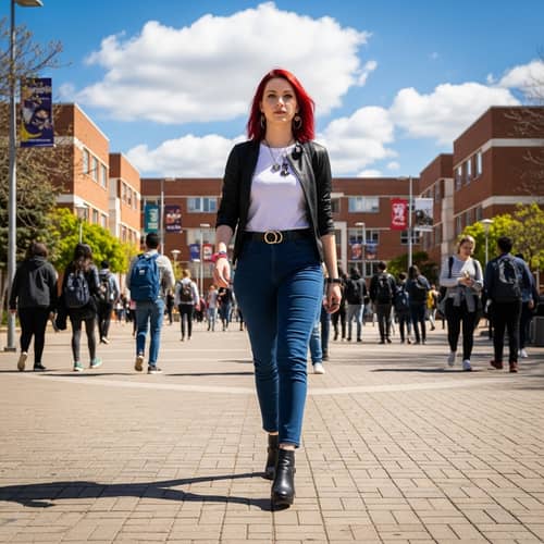 Confident Red-Haired Woman in Stylish Outfit on Campus