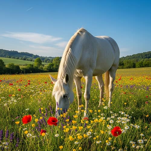 White Horse Grazing in Lush Green Field with Vibrant Flowers