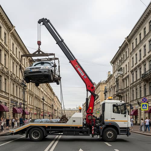Historical Buildings and Tow Truck in St. Petersburg