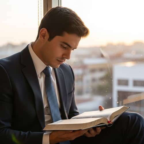 Professional Hispanic Man Meditating on Bible at Office Window