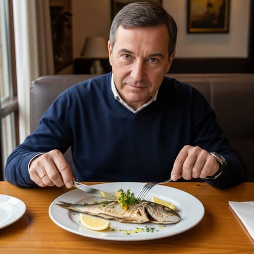 Caucasian Politician Enjoying Freshly Prepared Seafood Dish