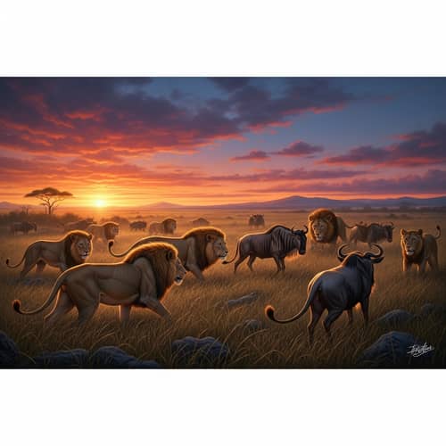 Majestic Lions Hunting in the African Plains at Twilight