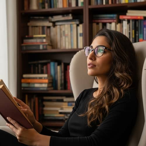 Lebanese Woman Reading in Thoughtful Conversation | Literary Discussion