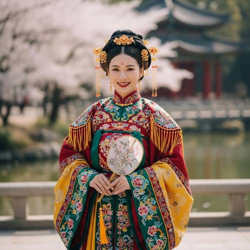 East Asian Woman in Cultural Attire with Radiant Smile