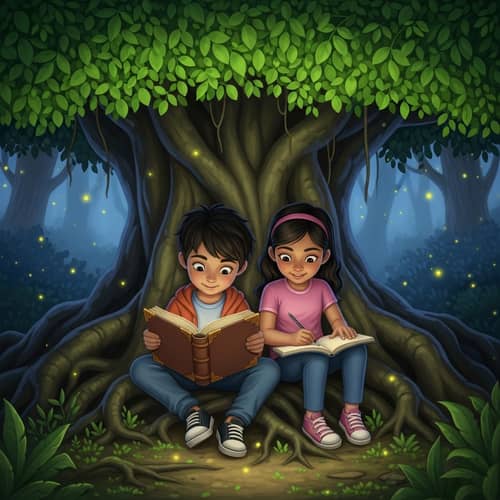 Enchanting Kids Reading in Magical Forest