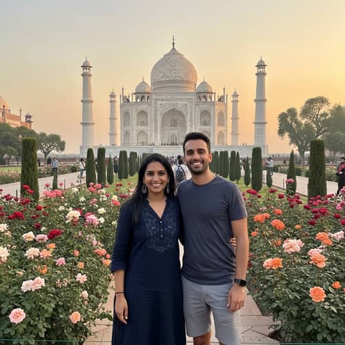 South Asian Woman in Front of Taj Mahal at Sunset
