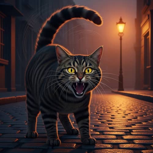 Furious Cat on Cobblestone Street | Intense Feline Display