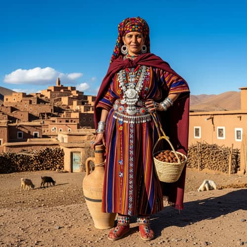 Amazigh Woman in Traditional Attire | Ethnic Shoes & Village View