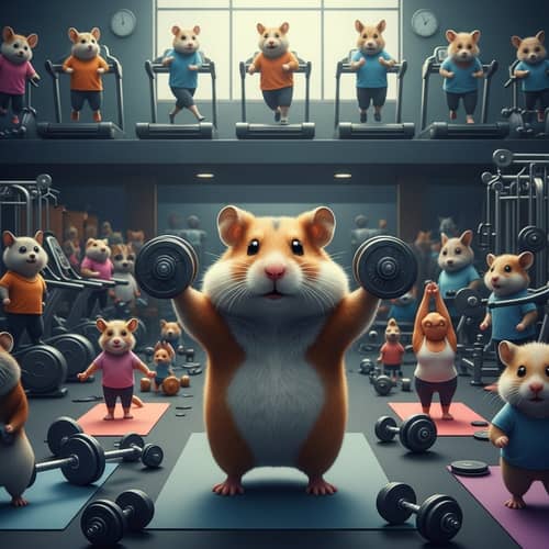 Realistic Gym Scene with Hamster and Animals Working Out