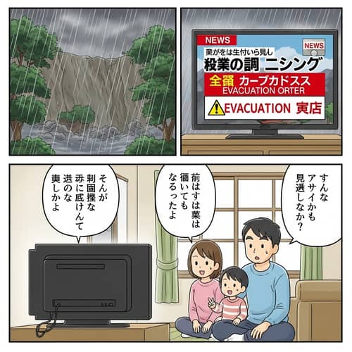 Japanese Manga Illustration: Family Watching TV During Rainstorm