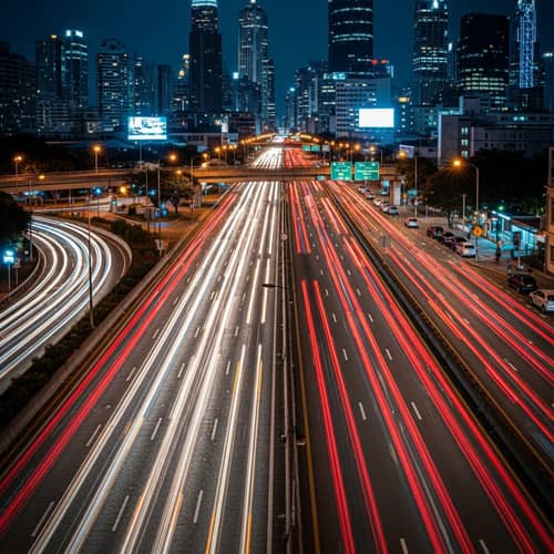 Urban Street Photography of Congested Cityscape with Vibrant Light Trails