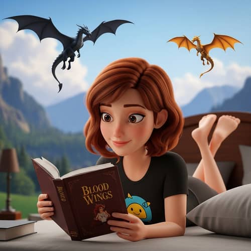 Enchanting 3D Woman Reading 'Blood Wings' Book on Bed