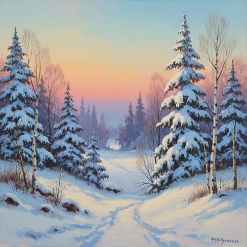 Tranquil Snow-Covered Forest at Dusk in Soft Pastel Colors