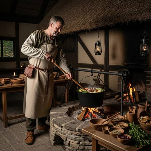 Medieval Soup-Making: Man Preparing Ingredients Over Hearth
