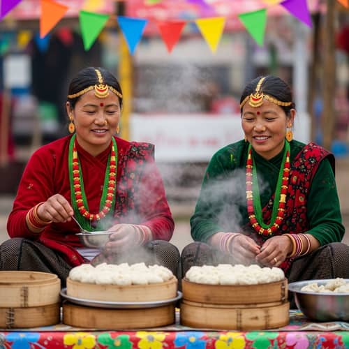 Traditional Nepali Women Selling MoMos at Holi Festival