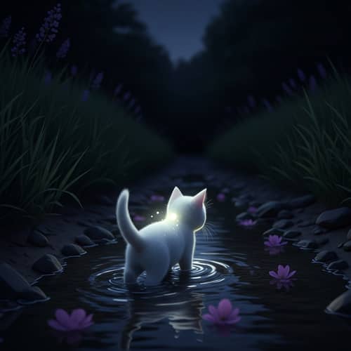 Enchanting Scene of a White Kitten Walking in a Shallow Creek at Night