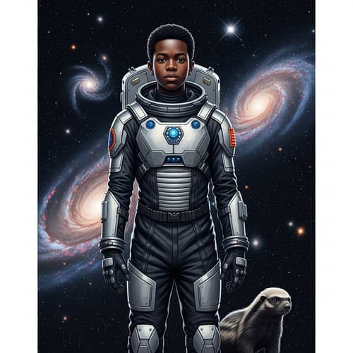 Young Black Male in Futuristic Spacesuit Amid Cosmic Wonders