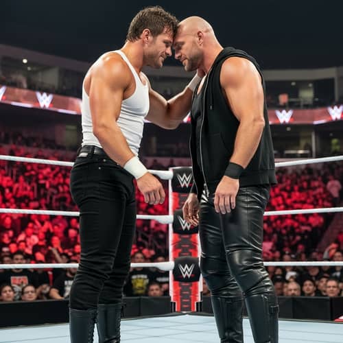 Muscular Wrestlers Showing Affection in Wrestling Ring