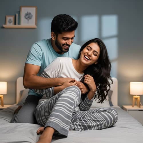Happy Young Asian Couple Enjoying Playful Moment in Bedroom