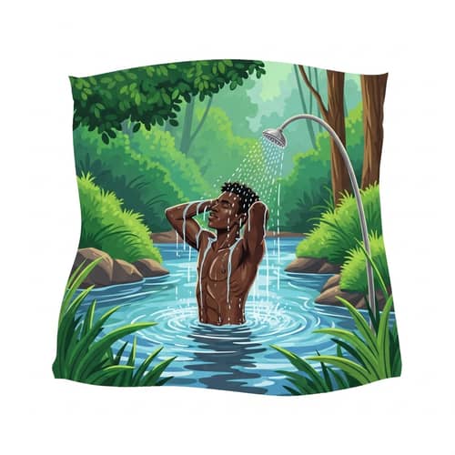 Refreshment and Vitality in Nature: Black Man Showering in Stream