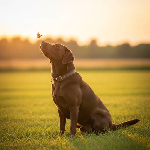Playful Brown Labrador Retriever in Grassy Field Watching Butterfly