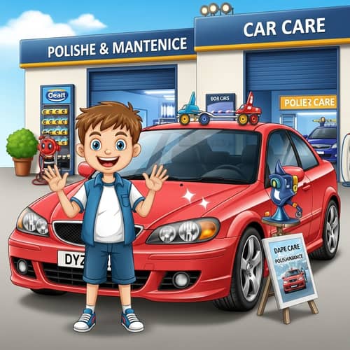 Joyful Child with Vibrant Car at Car Care Center