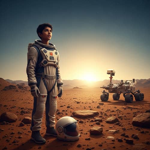 South Asian Boy on Rust-Colored Martian Landscape | Mars Exploration