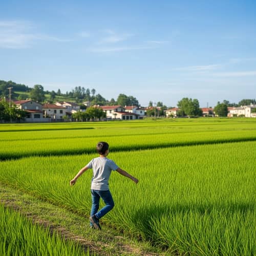 Tranquil Scene: 10-year-old Boy in Small Town with Rice Fields
