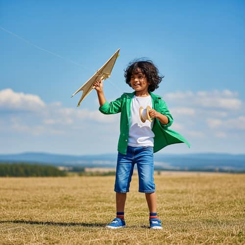 Innocent Joy: Young South Asian Boy Flying Kite in Open Field