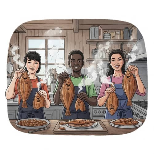 Diverse Individuals Smoking Fresh Sole Fish in Rustic Kitchen