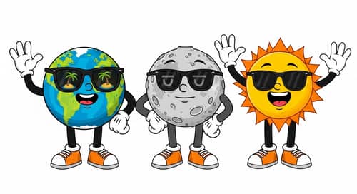 Vivid Cartoon Illustration of Earth, Moon, and Sun Characters