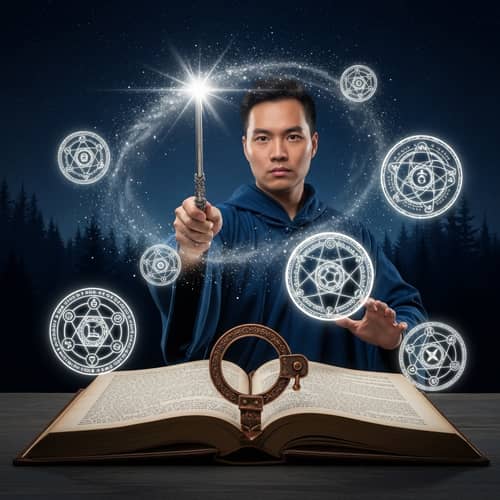 Enchanting and Magical Scene with Wand, Magical Symbols, and Mystical Tome