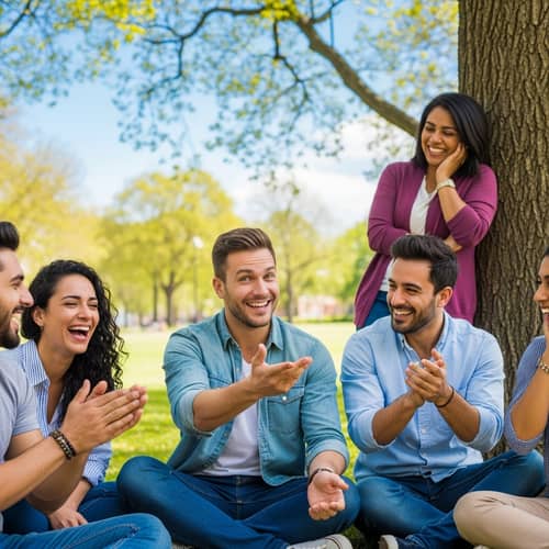 Humorous Scene: Friends Sharing Witty Story in Park