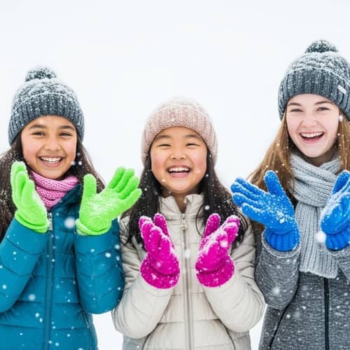 Winter Fun: Multicultural Girls Play in Snow with Colorful Gloves