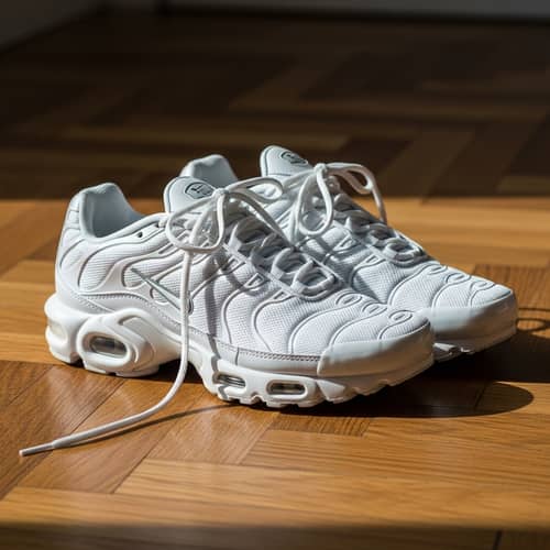 White Nike TN Sneakers on Parquet | Close-Up Shot