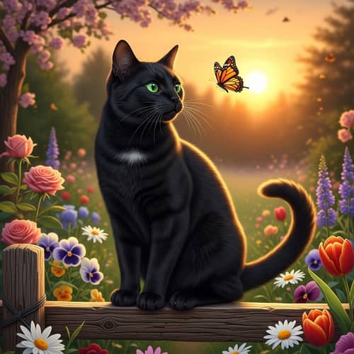 Black Cat on Wooden Fence Surrounded by Blooming Garden