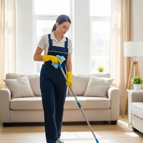 Professional Caucasian Woman House Cleaner in Action