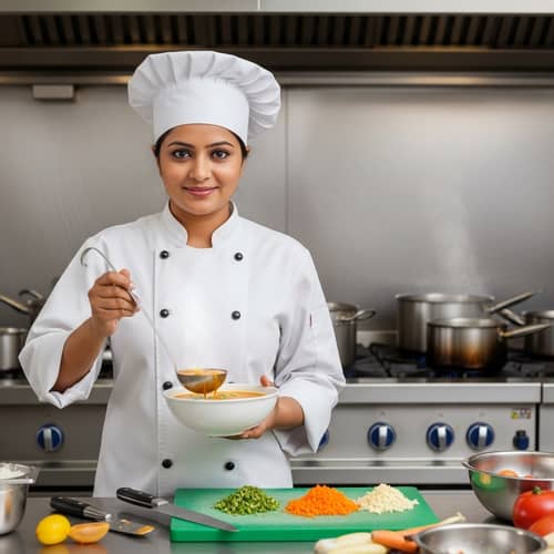 Professional South Asian Female Chef with Ladle in Busy Kitchen