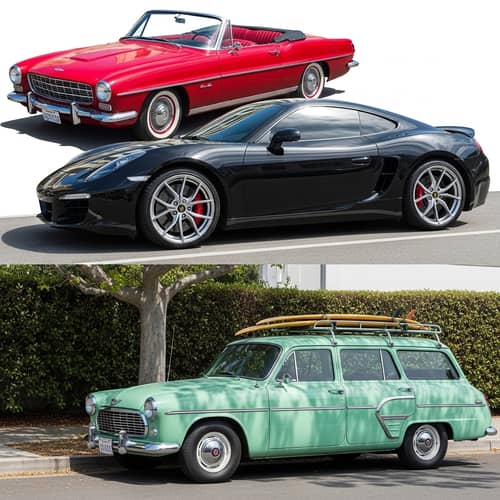 Vintage Red Convertible, Modern Black Sports Car, Classic Mint Green Station Wagon