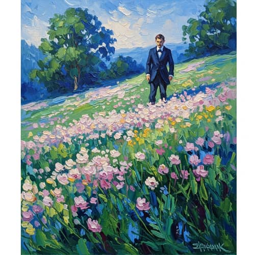 Impressionist Oil Painting of Gentleman Walking on Flower-Covered Hillside