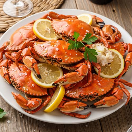 Freshly Prepared Edible Crabs with Lemon on Plate