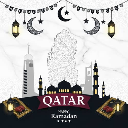 Qatar Ramadan Background in White Marble Gray & Black